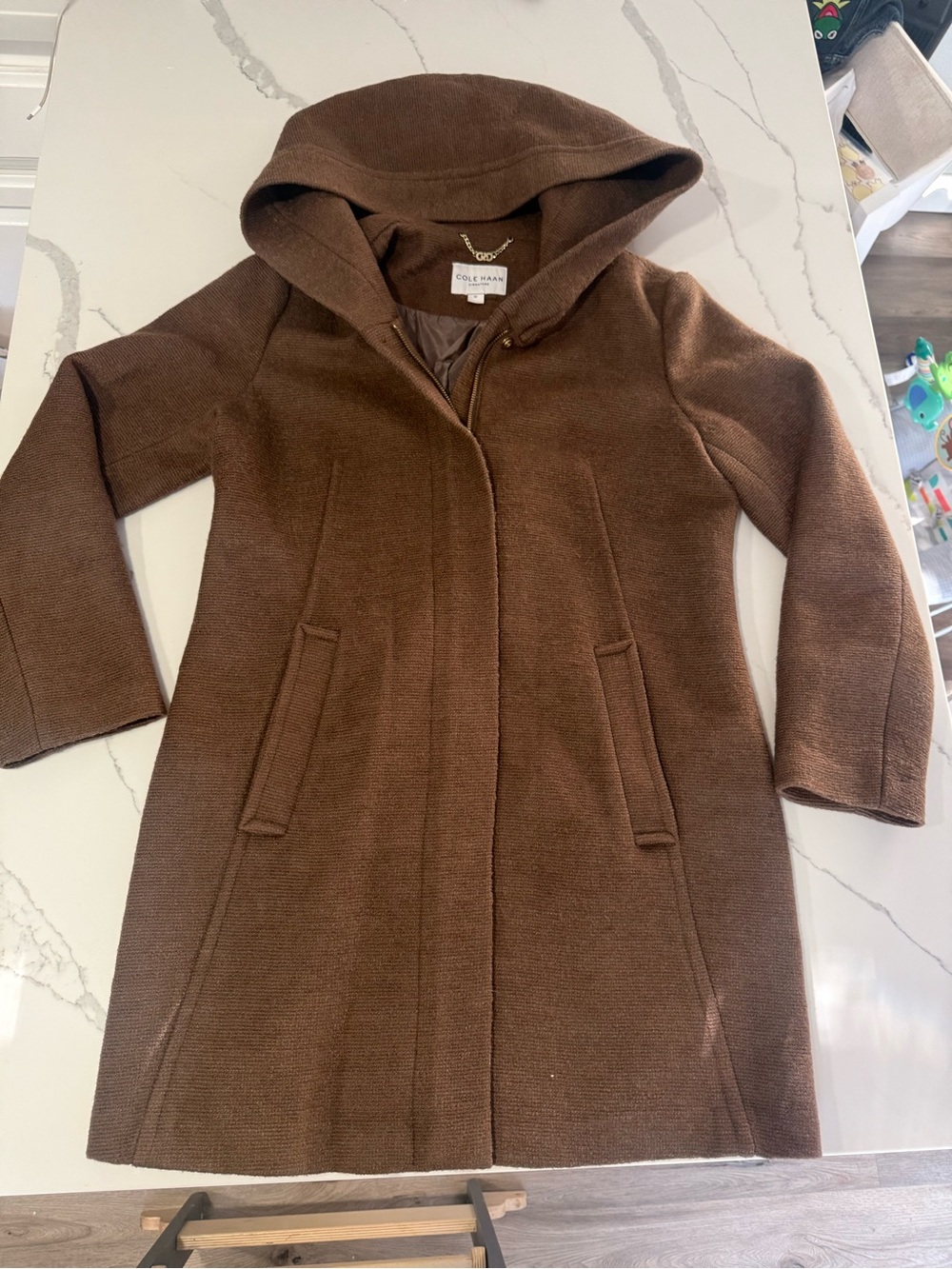 Women’s Cole Haan Signature Hooded Wool Blend Duffle Coat Brown Sz 12